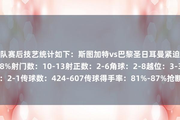 两队赛后技艺统计如下：斯图加特vs巴黎圣日耳曼紧迫心率图控球率：42%-58%射门数：10-13射正数：2-6角球：2-8越位：3-3犯规：10-8黄牌：2-1传球数：424-607传球得手率：81%-87%抢断：28-17阻止：11-4突围：19-20体育赛事直播