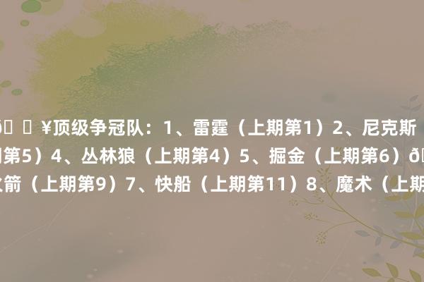 💥顶级争冠队：1、雷霆（上期第1）2、尼克斯（上期第3）3、骑士（上期第5）4、丛林狼（上期第4）5、掘金（上期第6）🔥但愿之师：6、火箭（上期第9）7、快船（上期第11）8、魔术（上期第13）🚀中游集团：9、英豪（上期第7）10、活塞（上期第12）11、湖东说念主（上期第10）12、雄鹿（上期第14）13、老鹰（上期第18）14、灰熊（上期第15）15、走路者（上期第2）16、凯尔特东说念主（上期第8）17、76东说念主（上期第25）18、热火（上期第16）19、独行侠（上期第17）20、马刺（上期第21）🚗有待晋升：21、国王（上期第20）22、公牛（上期第19）23、猛龙（上期第24）24、劝诱者（上期第22）25、太阳（上期第23）🥬垫底球队：26、鹈鹕（上期第27）27、黄蜂（上期第28）28、爵士（上期第30）29、奇才（上期第29）30、篮网（上期第26）    体育集锦